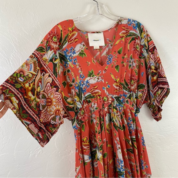 Anthropologie Maeve Size XS Orange Tropical Floral Chiffon  Tassle Midi Dress - Picture 3 of 7